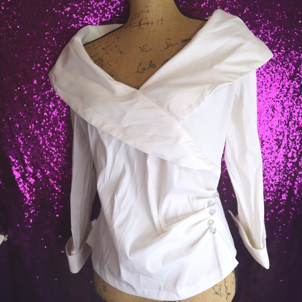 Ivory Portrait Collar Blouse 10 JS Boutique Women Crystal Button Wrap Top Cream